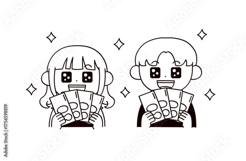 お札を持った男女2人のイラスト