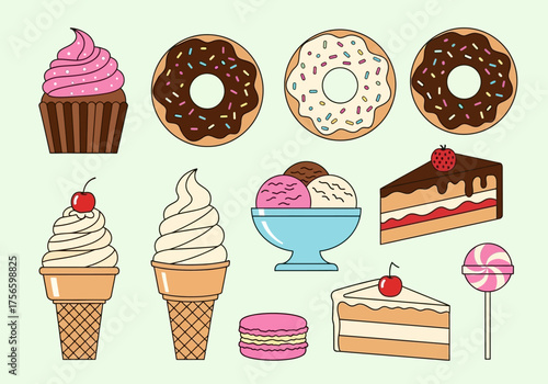 Desserts Cupcake donuts ice cream cones  scoops macaron cake slices  lollipop on a light green background