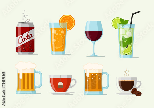 Eight varied beverages depicted in vector art soda juice wine cocktail beer tea beer coffee styled placed equally