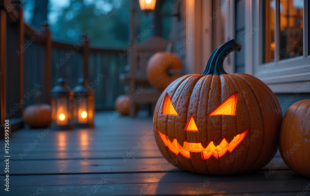 Fototapeta premium Cozy Spooky Porch with Festive Warm Orange Halloween Pumpkin Lantern