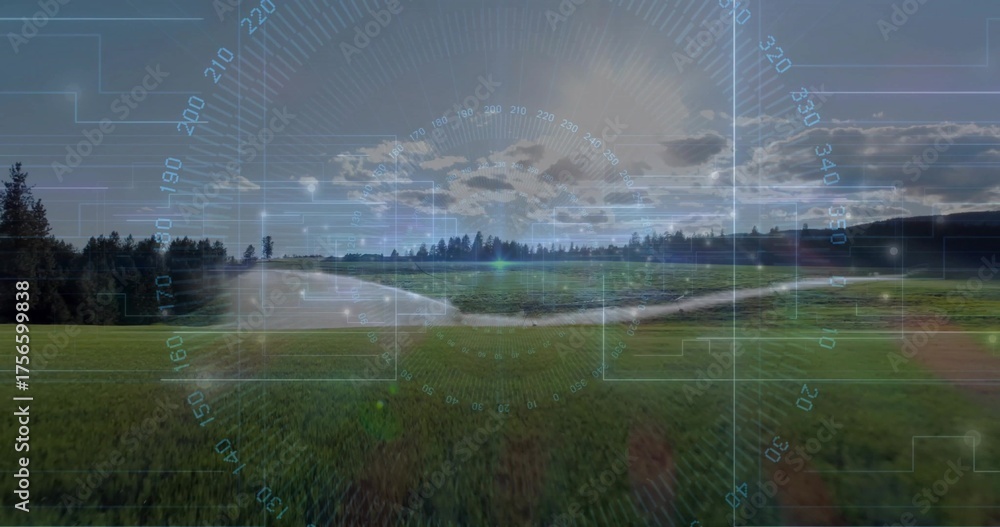 Obraz premium Overlaying meadow with stream under translucent HUD in rural field, compass ring and grid overlays