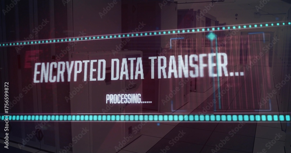 Fototapeta premium Displaying overlay showing encrypted data transfer processing on server racks, LEDs in data center