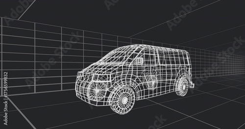 Displaying wireframe cargo van model rotating on virtual 3D grid workspace, perspective grid lines