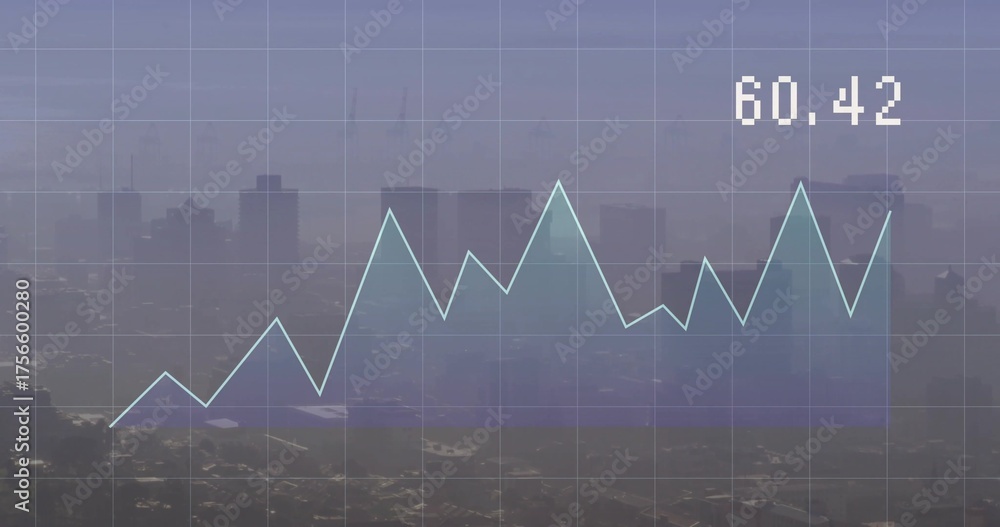 Naklejka premium Displaying light-blue line chart overlay on grid over hazy city skyline with numeric label 60