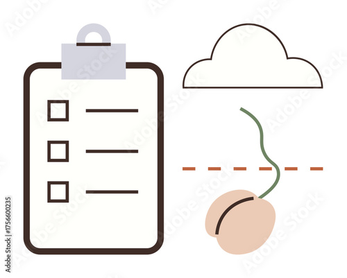 Checklist with multiple lines, abstract cloud, and sprouting seed breaking soil. Ideal for productivity, planning, growth, agriculture, cloud technology workflow and sustainability. Simple flat