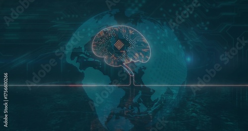 Dotted globe linking microchip brain graphic in circuit patterns over water surface, with neon line
