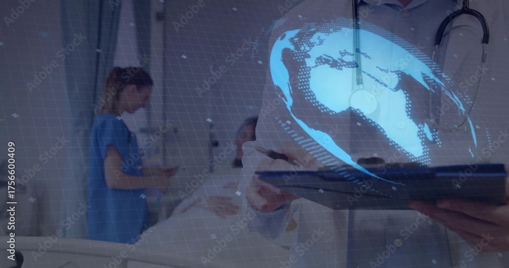 Fototapeta premium Doctor wearing stethoscope using tablet projecting Earth hologram in hospital, copy space