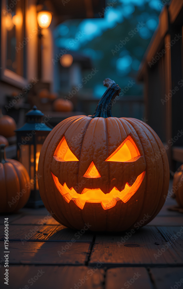 Fototapeta premium Halloween Pumpkin Jack-O'-Lantern on Porch with Warm Orange Candlelight