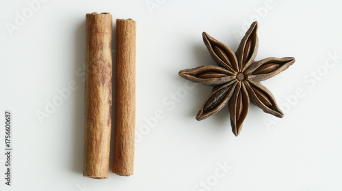 Cinnamon sticks and star anise on white background