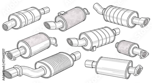 Explore diverse car muffler designs for automotive engineering projects, featuring detailed line art perfect for technical illustrations and design concepts.