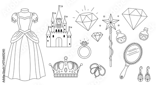 Enchanting princess coloring page with castle, gown, tiara, jewels and magic wand for kids birthday party, fairytale theme, and creative play