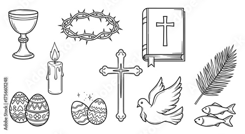 Celebrate Easter with these beautiful religious symbols featuring eggs, a cross, bible, dove, candle, and fish to commemorate the holy season