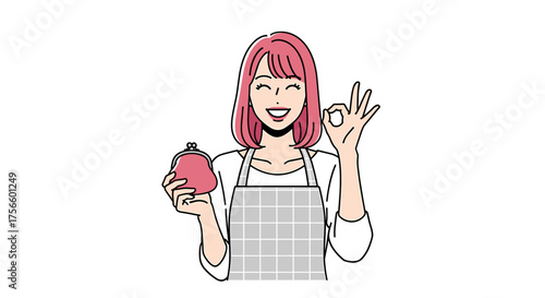Delightful pink haired woman gives OK sign while holding coin purse - perfect for budgeting, financial planning, and small business content