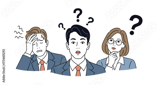 Confused business team facing tough decisions, seeking creative solutions and innovative ideas in a challenging, perplexing work environment