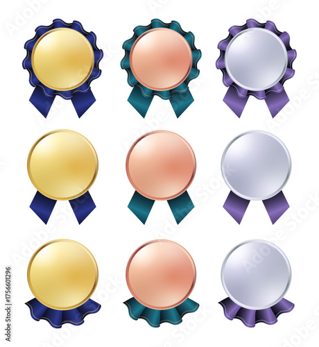イエローゴールド・ピンクゴールド・プラチナの3色で構成されたフリルリボン付きメダルデザインセット｜高級感のある表彰・ランキング・記念バッジに使えるベクター素材