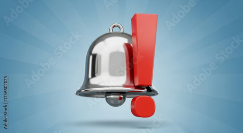 Silver notification bell with red exclamation mark on blue radial background, a symbol of urgent attention and important updates