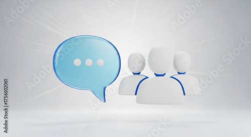 A 3d rendering of a group of people talking to each other with a speech bubble for communication and discussion