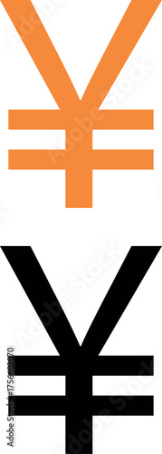 Two stylized japanese yen currency symbols one in bright orange and the other in stark black against a white background