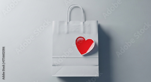 White shopping bag with red heart, symbolizing love, gift, and valentines day, minimalist design