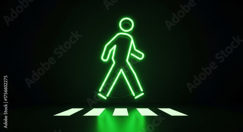 Neon green pedestrian crossing sign on, symbolizing safety, urban life, and modern city navigation at night