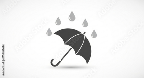 A simple black umbrella with falling raindrops, representing protection, weather, and the essence of a rainy day