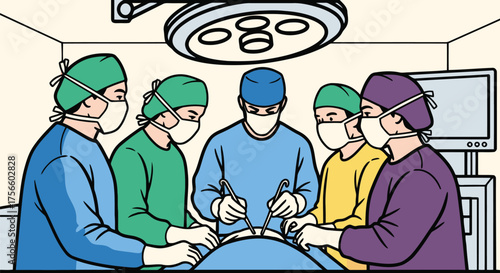 Surgical team performing operation under bright operating room light