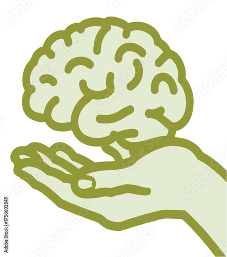 Hand holding abstract brain shape in olive green and light green vector.