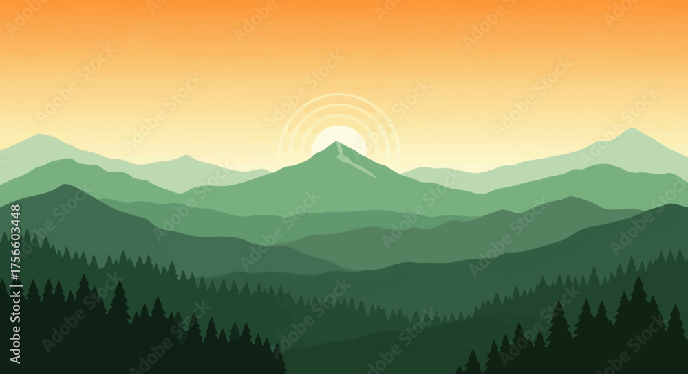 Obraz premium Minimalist Vector Landscape with Layered Mountain Ranges and Sunrise in Warm Gradient Colors