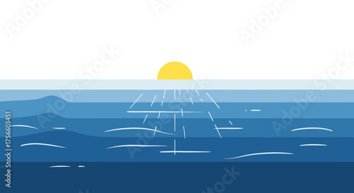 Minimalist Vector Illustration of Sunset Over Ocean with Abstract Water Elements in Modern Style