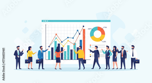 Business Team Vector Illustration for Data Analysis and Presentation in Modern Corporate Style