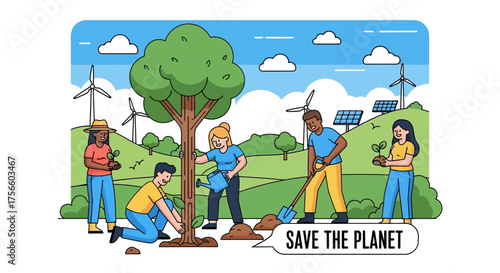 Minimalist Vector Illustration of People Planting Tree with Save the Planet Message in Eco Friendly Style