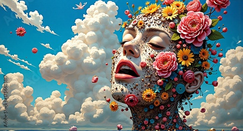 A serene face emerges from a canvas of blooming flowers and seeds under a vast blue sky, embodying nature's beauty and renewal.