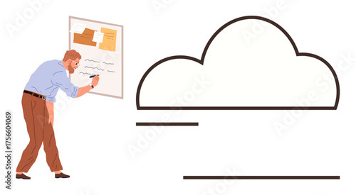 Man writing on a board with cloud graphic symbolizing ideas, innovation, strategy, or progress. Ideal for teamwork, brainstorming, goal setting, creativity, design planning simple flat metaphor
