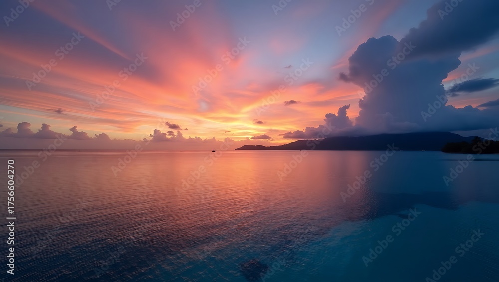 Obraz premium Vibrant Sunset over Calm Ocean and Distant Island