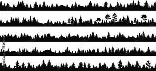Forest landscape silhouettes, black tree horizon graphics, layered woodland scenes, vector nature backgrounds, abstract outdoor illustration set, scenic pine forest design pack