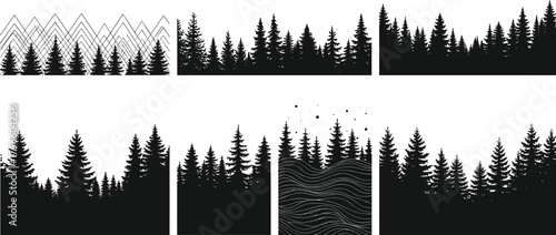 Forest silhouette vector illustration, conifer pine fir tree landscape with mountains and terrain, abstract nature art, decorative woodland elements, creative botanical inspiration design
