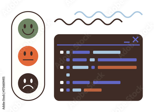 Happy, neutral, and sad emoticons represent user feedback next to a coding interface. Ideal for teamwork, development, analytics, feedback, organization user experience monitoring. Simple flat
