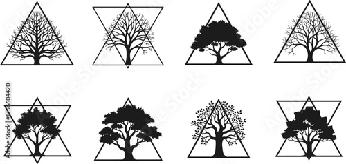 Geometric tree silhouette vector illustration, abstract foliage design inside triangle and hexagram shapes, modern botanical art, creative nature concept, decorative forest elements