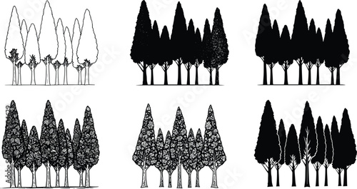 Grouped tree silhouette vector set, black illustration, diverse forest compositions, nature design with canopy variations, minimal botanical artwork, landscape concept elements