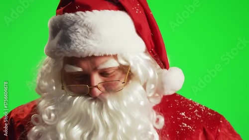 A closeup of a man dressed as Santa Claus against a green screen
