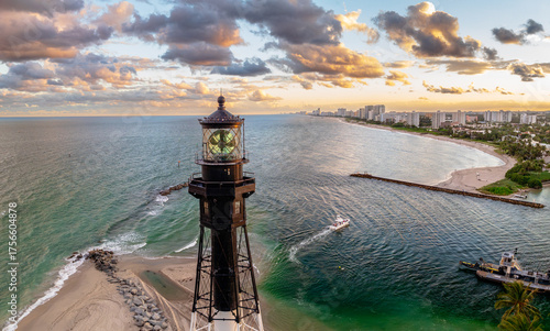 aerial drone view of a Lighthouse on beach - Hillsboro inlet, florida