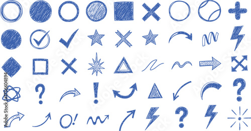 Hand drawn doodle vector set, black and white sketch icons, arrows circles and symbols, abstract design elements, creative illustration artwork collection