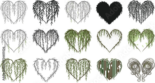 Heart silhouette vector illustration, decorative willow branch and leaf design with abstract patterns, creative botanical art, romantic nature elements, ornamental inspiration concept