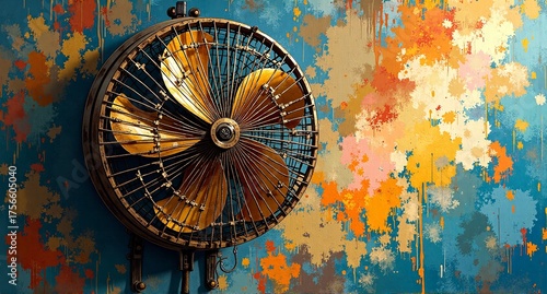 An antique metallic fan with golden blades mounted on a vibrant, textured wall featuring abstract, colorful paint splatters.