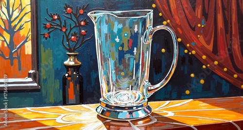 A vibrant still life painting showcases a clear glass pitcher reflecting colorful surroundings, including a window view, a berry vase, and rich red curtains, all resting on a patterned table.