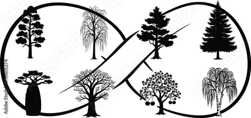 Infinity tree silhouette vector set, diverse botanical icons, black and white nature illustrations, abstract foliage graphics, eternal life cycle, environmental symbolic designs