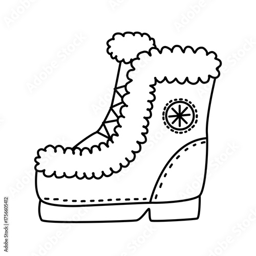 Winter boot with fluffy trim, lace, and snowflake detail, hand drawn style, vector, black and white, clean bold line. Ideal for Christmas cards, winter holiday decor, textile prints, stickers