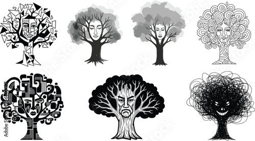 Fantasy tree faces, surreal nature vector illustration set, abstract human tree designs, mystical forest artwork, emotional botanical graphics, creative mythical illustration pack