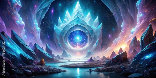 A Mystical Celestial Portal Beckons Within a Luminescent Crystal Cave, Enveloped by a Serene, Otherworldly Lake and Glowing, Fantastic Mountains