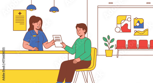 Customer service interaction at a reception desk